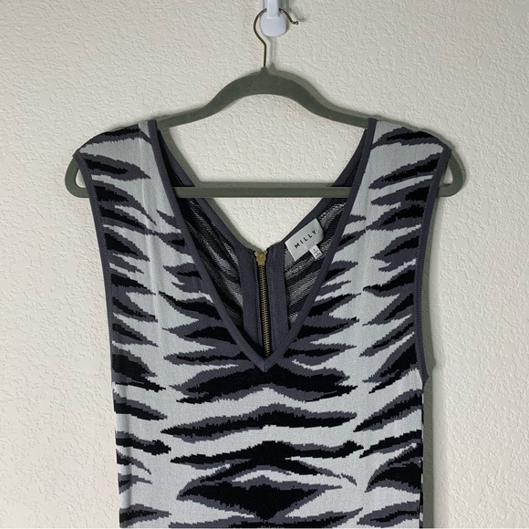 Milly Womens Ikat Jacquard sleeveless Flare Dress in black white multi L - Picture 4 of 9